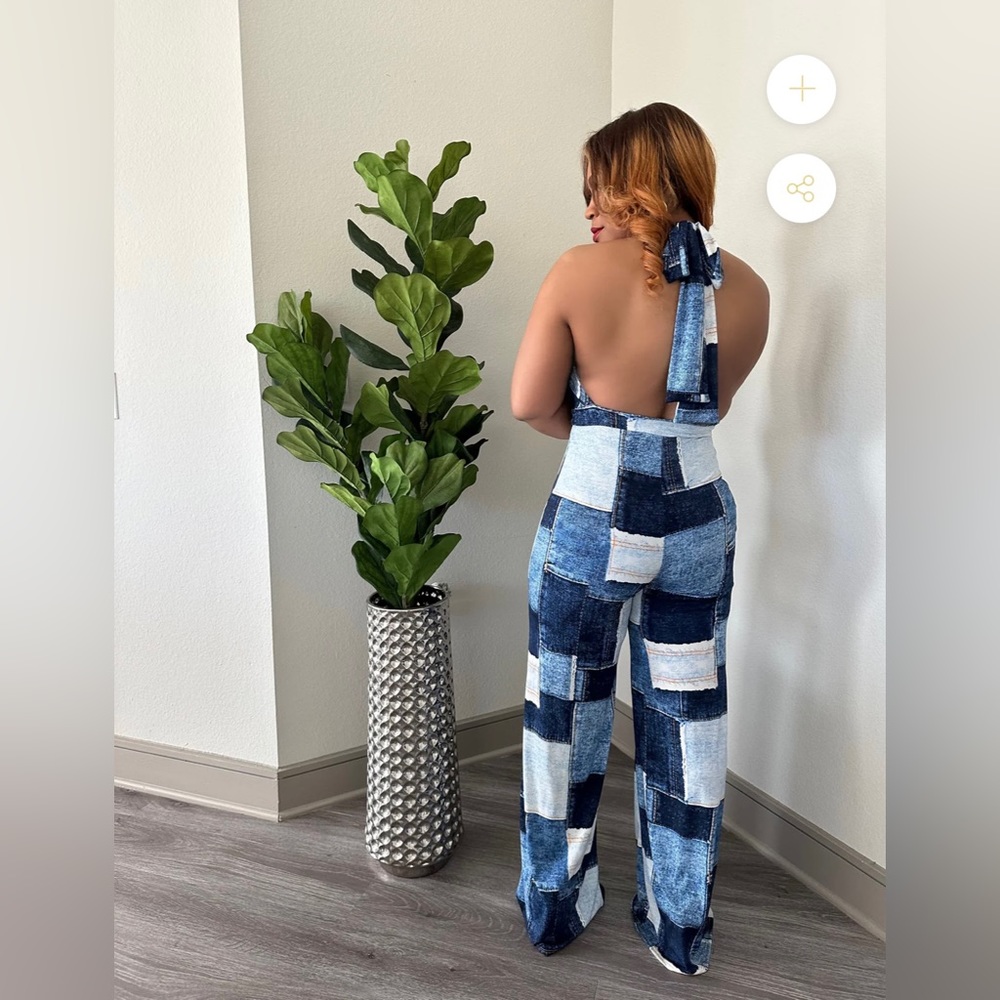 Full Length Halter Jumpsuit, Patchwork (Not Denim… - image 4